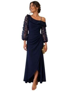 Xscape Navy Blue One-Shoulder Gown Floral Sheer Sleeves Ruched Details  Size M